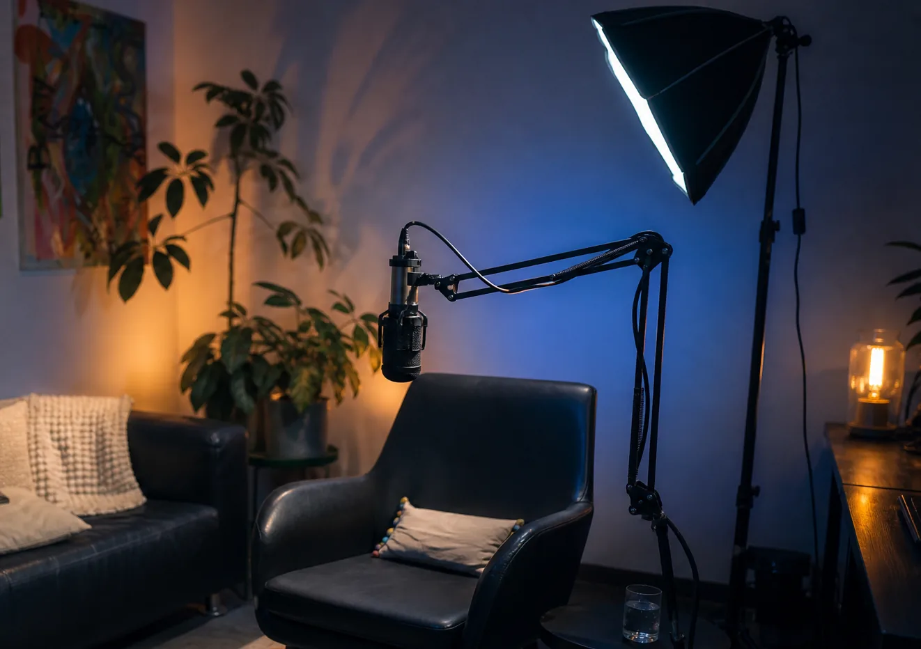 Mobile studio setup with camera, light and microphone equipment