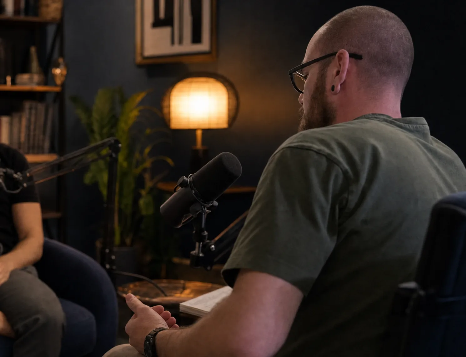 Podcast or interview recording setup in a comfortable workspace